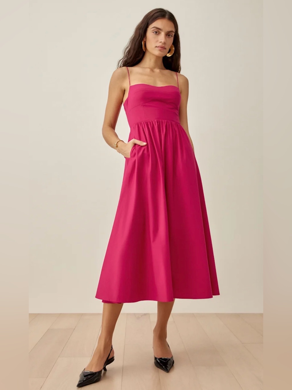 Reformation Vinny Fit & Flare Midi Dress Pink Rhubarb Sweetheart Pockets Sz 2
